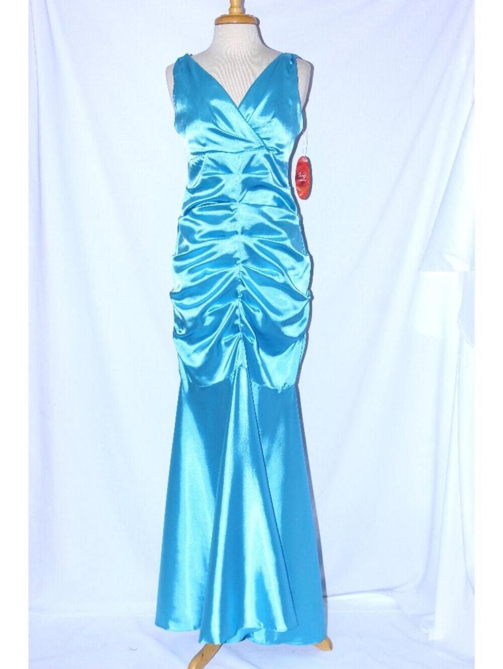 Cindy #1138 Long Satin Fit & Flare Bridesmaid Dress-Size M-TURQUOISE-NWT